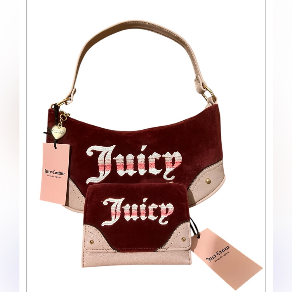 🎀Juicy Couture Retro Vibe Cabernet/ Dusty Blush Shoulder Bag w/ Matching Wallet🎀